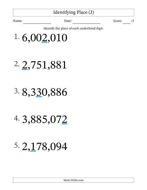 The Identifying Place from Ones to Millions (Large Print) (J) Math Worksheet
