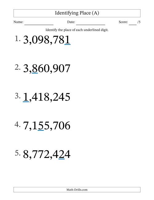 The Identifying Place from Ones to Millions (Large Print) (All) Math Worksheet
