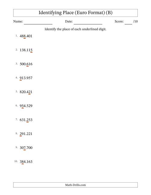 The Euro Format Identifying Place from Ones to Hundred Thousands (B) Math Worksheet