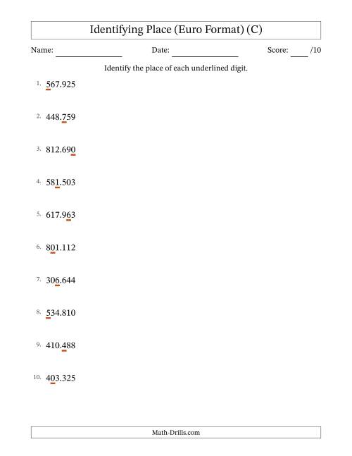 The Euro Format Identifying Place from Ones to Hundred Thousands (C) Math Worksheet