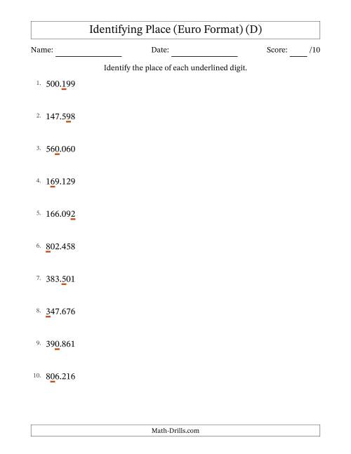 The Euro Format Identifying Place from Ones to Hundred Thousands (D) Math Worksheet