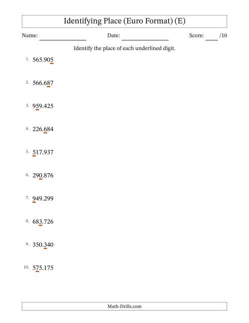 The Euro Format Identifying Place from Ones to Hundred Thousands (E) Math Worksheet