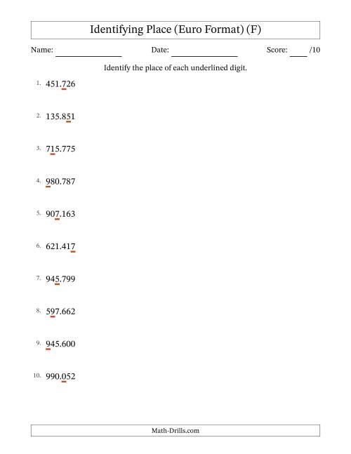The Euro Format Identifying Place from Ones to Hundred Thousands (F) Math Worksheet