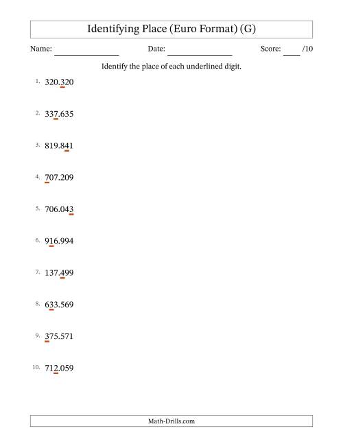 The Euro Format Identifying Place from Ones to Hundred Thousands (G) Math Worksheet