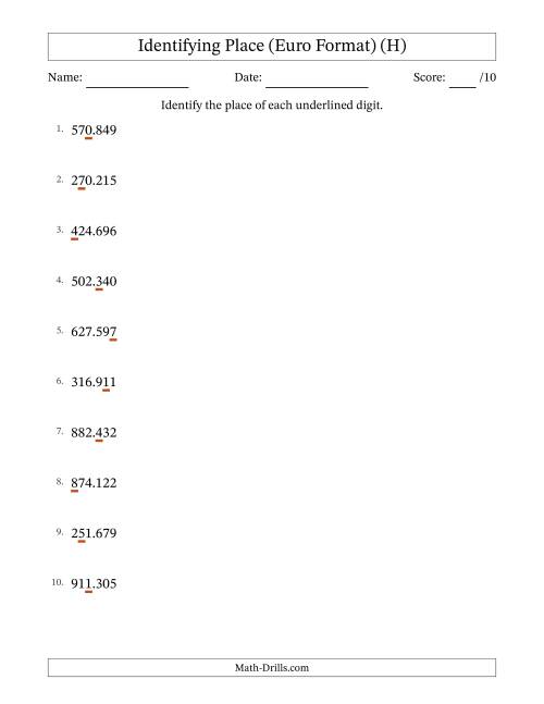 The Euro Format Identifying Place from Ones to Hundred Thousands (H) Math Worksheet