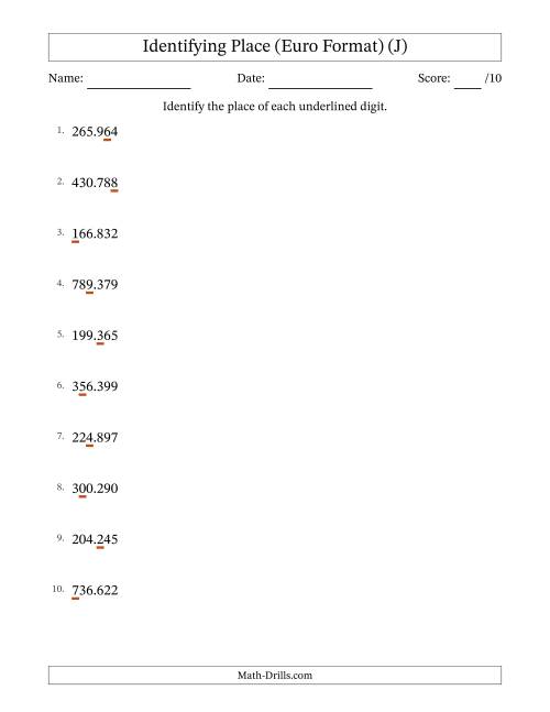 The Euro Format Identifying Place from Ones to Hundred Thousands (J) Math Worksheet