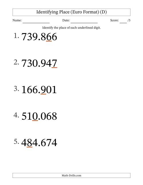 The Euro Format Identifying Place from Ones to Hundred Thousands (Large Print) (D) Math Worksheet