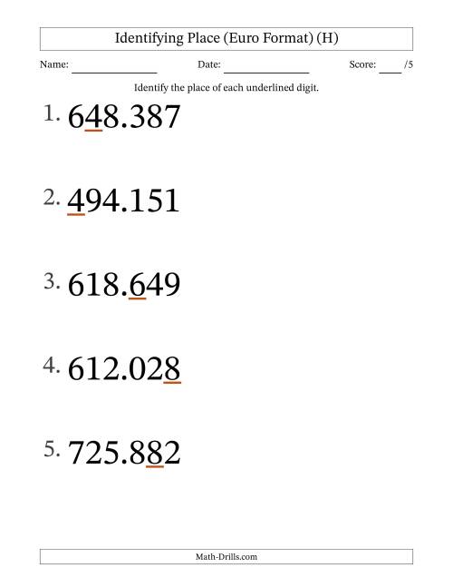 The Euro Format Identifying Place from Ones to Hundred Thousands (Large Print) (H) Math Worksheet