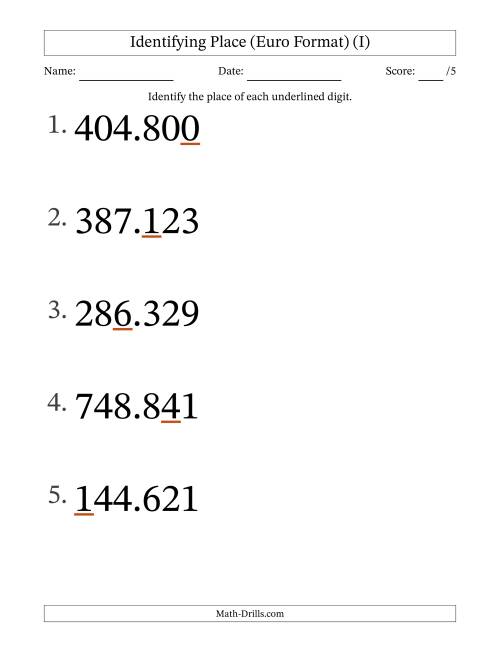 The Euro Format Identifying Place from Ones to Hundred Thousands (Large Print) (I) Math Worksheet