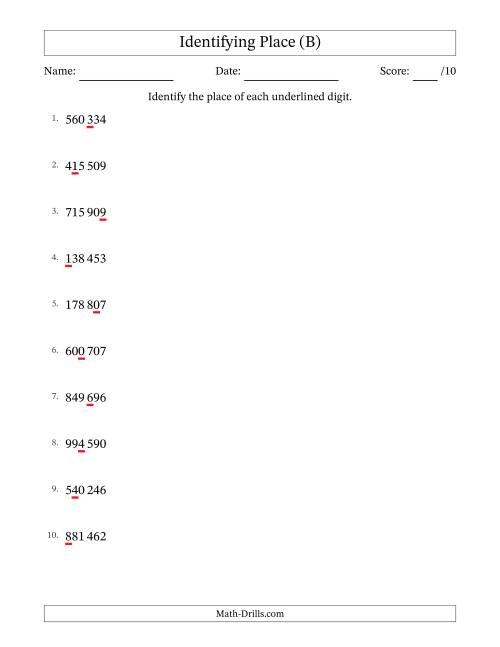 The SI Format Identifying Place from Ones to Hundred Thousands (B) Math Worksheet
