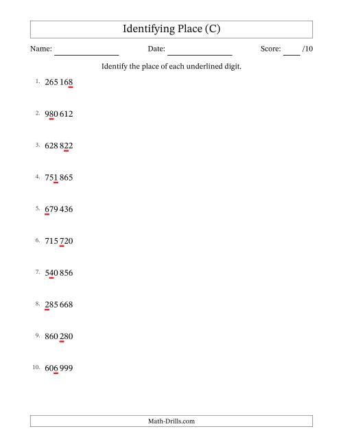The SI Format Identifying Place from Ones to Hundred Thousands (C) Math Worksheet