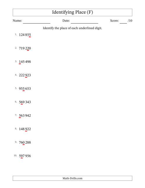 The SI Format Identifying Place from Ones to Hundred Thousands (F) Math Worksheet