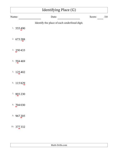 The SI Format Identifying Place from Ones to Hundred Thousands (G) Math Worksheet