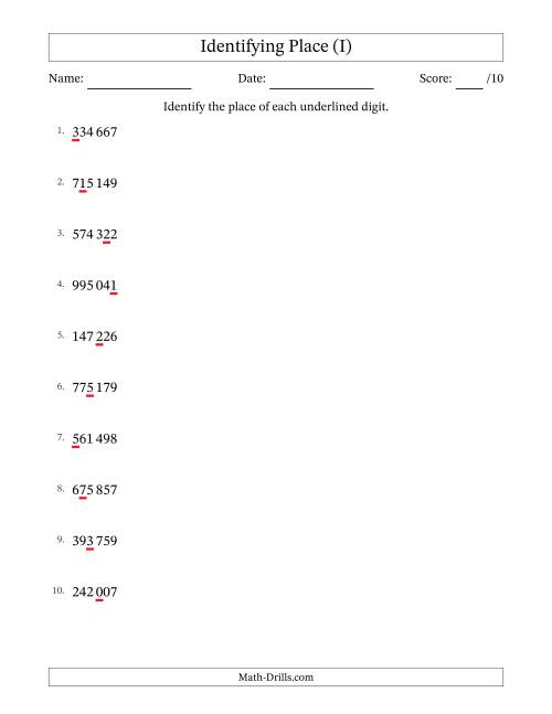 The SI Format Identifying Place from Ones to Hundred Thousands (I) Math Worksheet