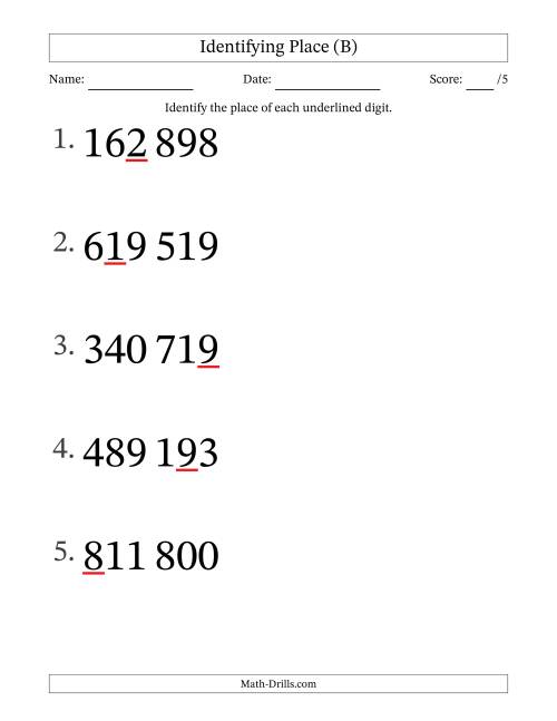 The SI Format Identifying Place from Ones to Hundred Thousands (Large Print) (B) Math Worksheet