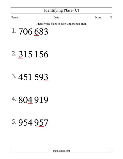 The SI Format Identifying Place from Ones to Hundred Thousands (Large Print) (C) Math Worksheet