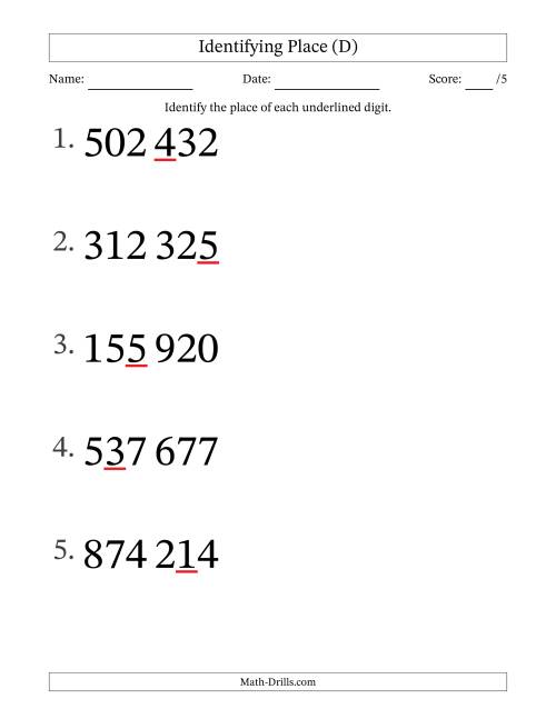 The SI Format Identifying Place from Ones to Hundred Thousands (Large Print) (D) Math Worksheet