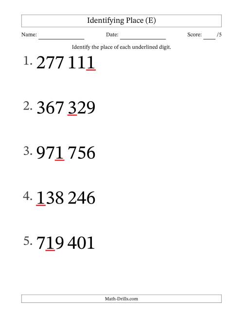 The SI Format Identifying Place from Ones to Hundred Thousands (Large Print) (E) Math Worksheet