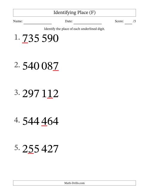 The SI Format Identifying Place from Ones to Hundred Thousands (Large Print) (F) Math Worksheet