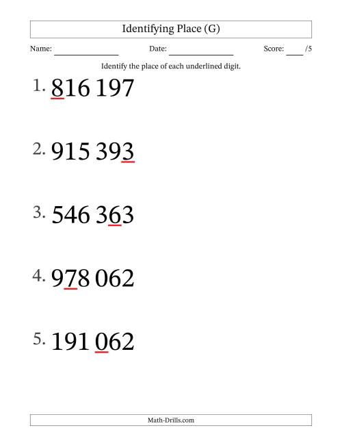 The SI Format Identifying Place from Ones to Hundred Thousands (Large Print) (G) Math Worksheet