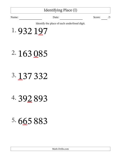 The SI Format Identifying Place from Ones to Hundred Thousands (Large Print) (I) Math Worksheet
