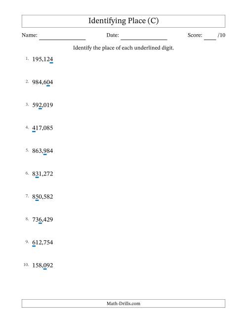 The Identifying Place from Ones to Hundred Thousands (C) Math Worksheet