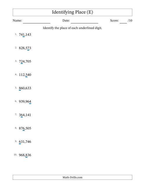 The Identifying Place from Ones to Hundred Thousands (E) Math Worksheet