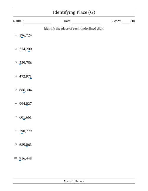 The Identifying Place from Ones to Hundred Thousands (G) Math Worksheet