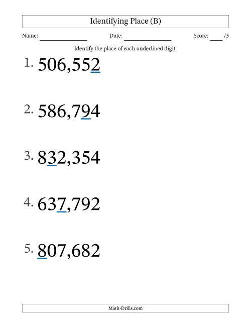 The Identifying Place from Ones to Hundred Thousands (Large Print) (B) Math Worksheet