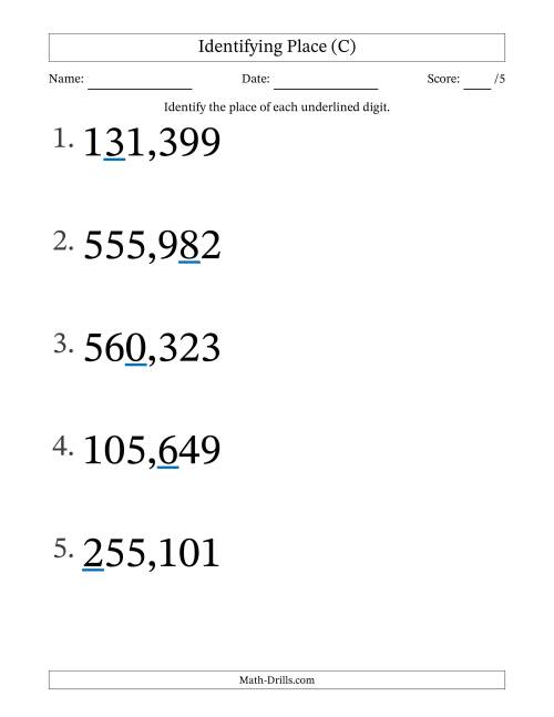 The Identifying Place from Ones to Hundred Thousands (Large Print) (C) Math Worksheet