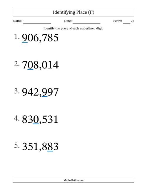The Identifying Place from Ones to Hundred Thousands (Large Print) (F) Math Worksheet