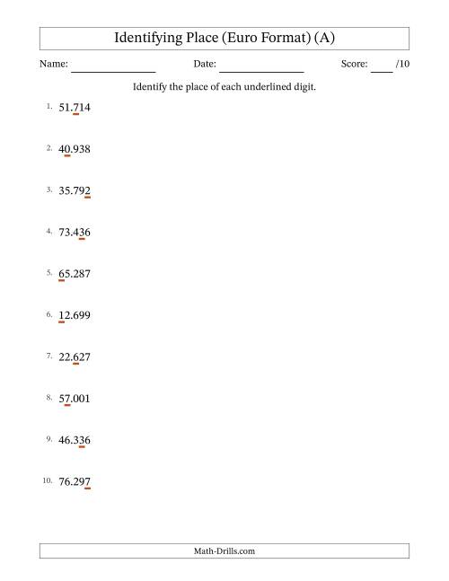 The Euro Format Identifying Place from Ones to Ten Thousands (A) Math Worksheet