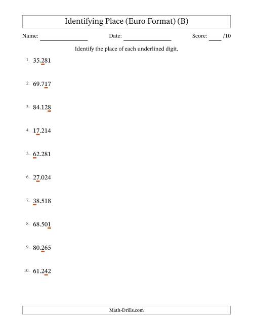 The Euro Format Identifying Place from Ones to Ten Thousands (B) Math Worksheet