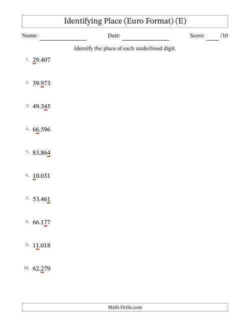 The Euro Format Identifying Place from Ones to Ten Thousands (E) Math Worksheet