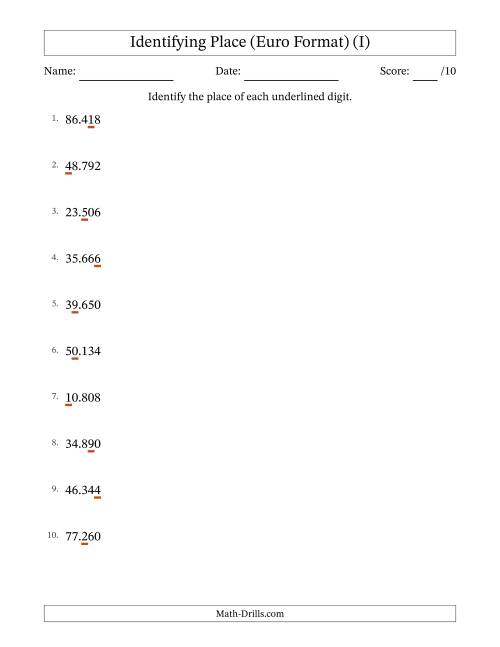 The Euro Format Identifying Place from Ones to Ten Thousands (I) Math Worksheet
