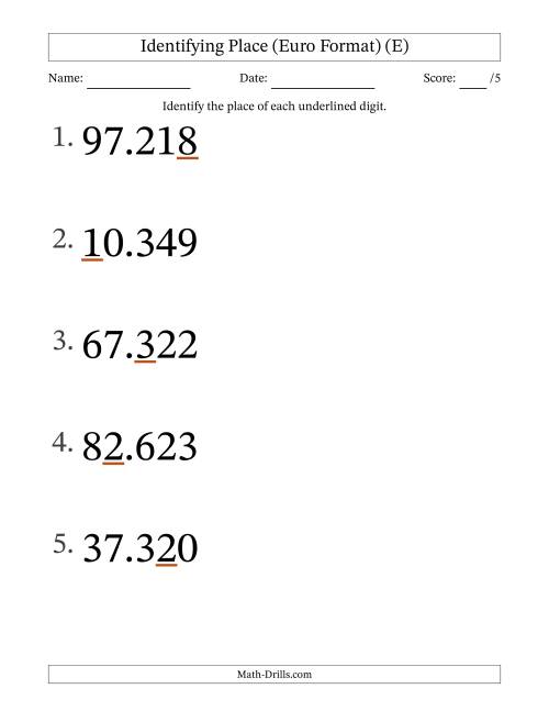 The Euro Format Identifying Place from Ones to Ten Thousands (Large Print) (E) Math Worksheet