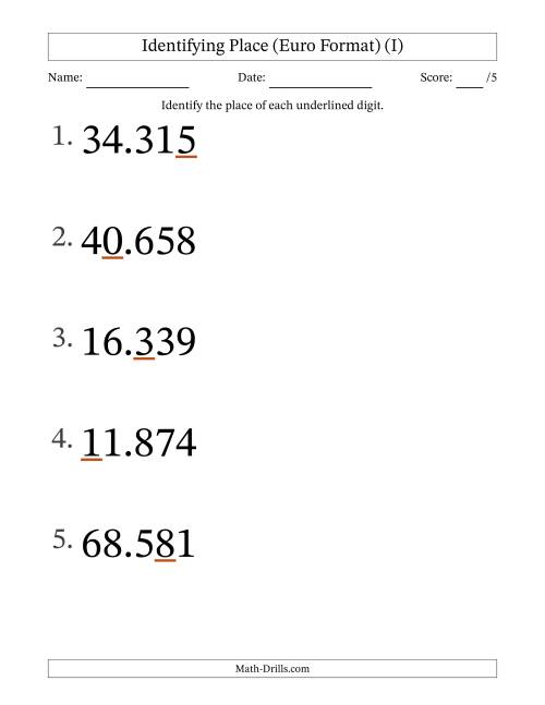 The Euro Format Identifying Place from Ones to Ten Thousands (Large Print) (I) Math Worksheet