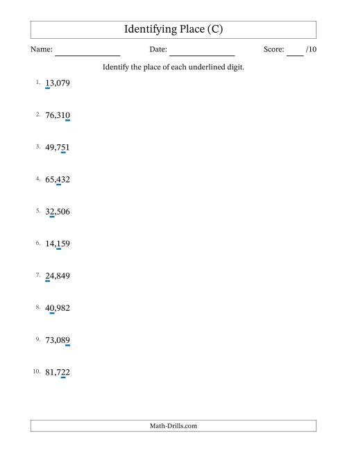 The Identifying Place from Ones to Ten Thousands (C) Math Worksheet