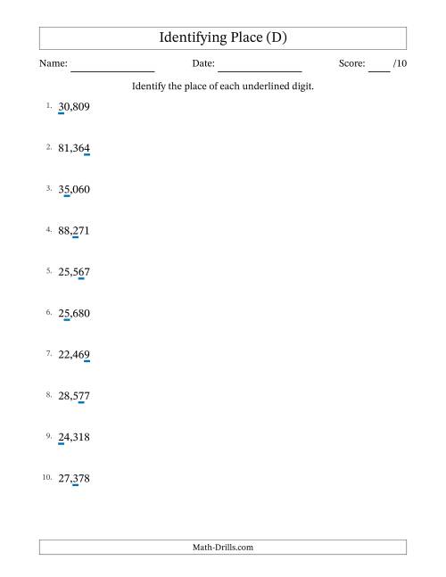 The Identifying Place from Ones to Ten Thousands (D) Math Worksheet