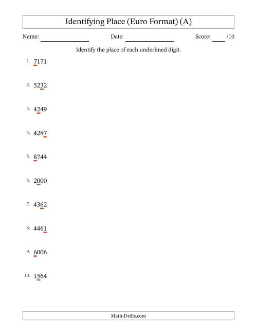 The Euro Format Identifying Place from Ones to Thousands (A) Math Worksheet