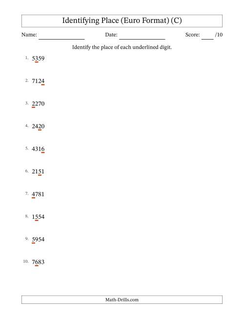 The Euro Format Identifying Place from Ones to Thousands (C) Math Worksheet