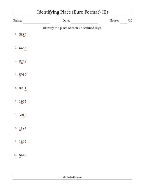 The Euro Format Identifying Place from Ones to Thousands (E) Math Worksheet