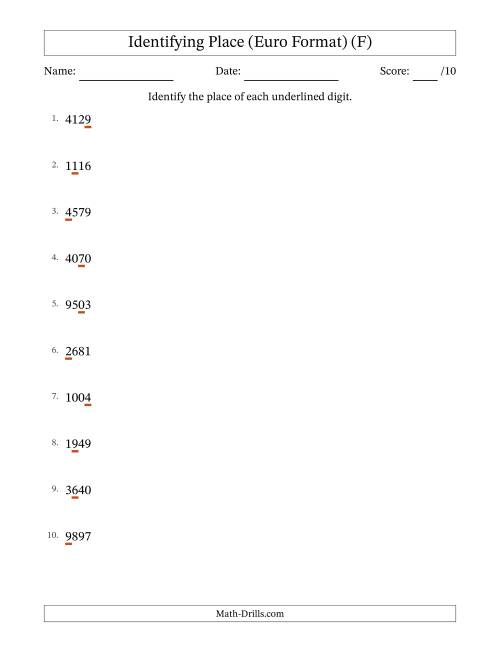 The Euro Format Identifying Place from Ones to Thousands (F) Math Worksheet