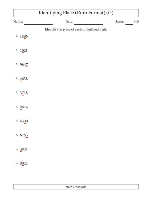 The Euro Format Identifying Place from Ones to Thousands (G) Math Worksheet