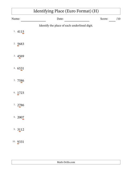 The Euro Format Identifying Place from Ones to Thousands (H) Math Worksheet