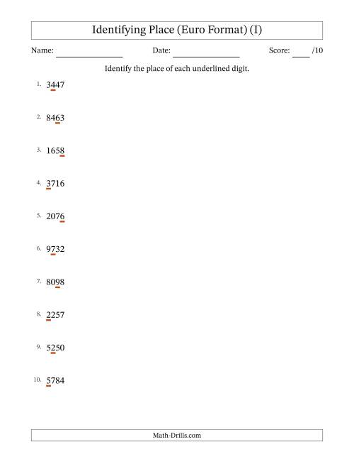 The Euro Format Identifying Place from Ones to Thousands (I) Math Worksheet