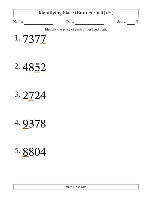 The Euro Format Identifying Place from Ones to Thousands (Large Print) (H) Math Worksheet