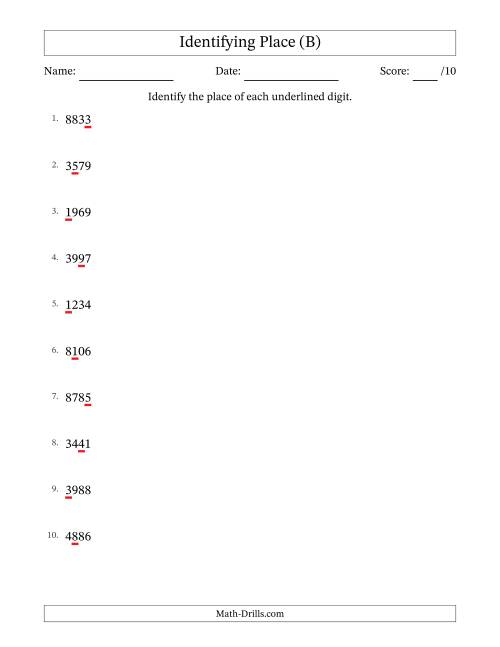 The SI Format Identifying Place from Ones to Thousands (B) Math Worksheet