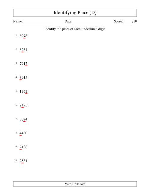 The SI Format Identifying Place from Ones to Thousands (D) Math Worksheet