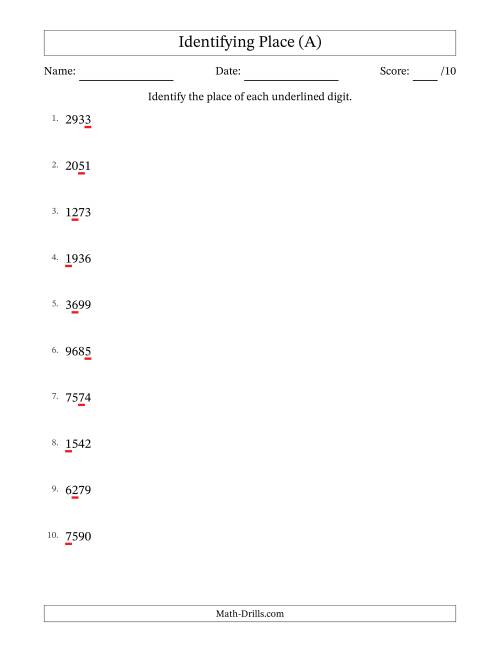 The SI Format Identifying Place from Ones to Thousands (All) Math Worksheet